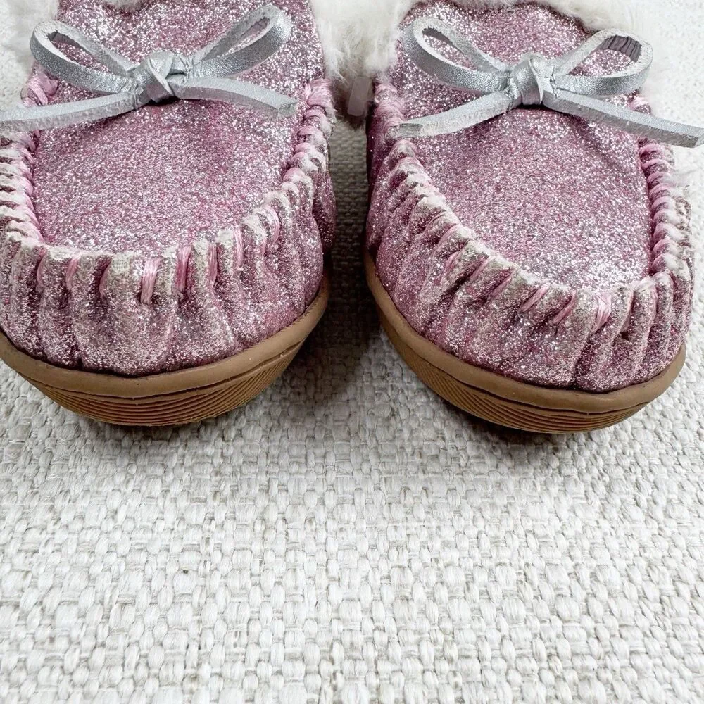 J Crew Youth Glitter Slippers Girls K12 Kids 12 Pink Faux Shearling Moccasin